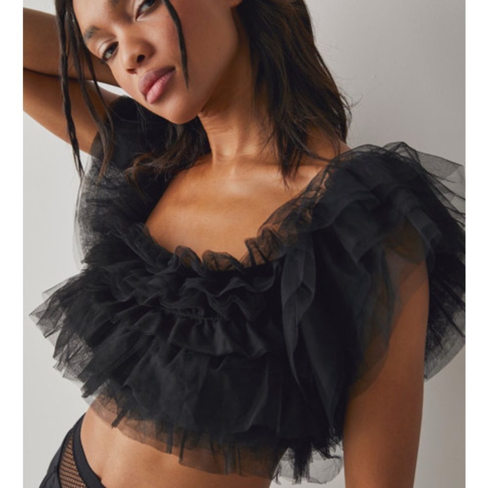 Free People Birthday Cake Tiered Tulle Crop Top Black | Ruffled Crop Top Small